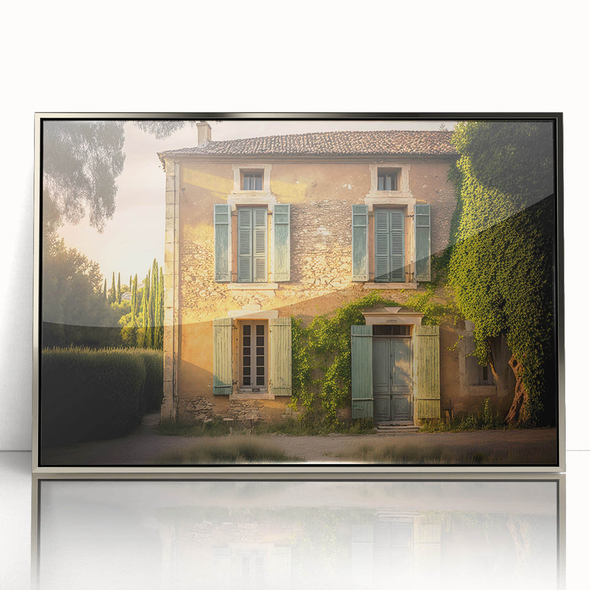 Large art print of a mid-century modernist French landscape in muted earth tones on a framed acrylic canvas.