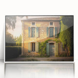 Mid-century modernist art of a serene French landscape in pastel shades, framed acrylic, ideal for nursery wall art.