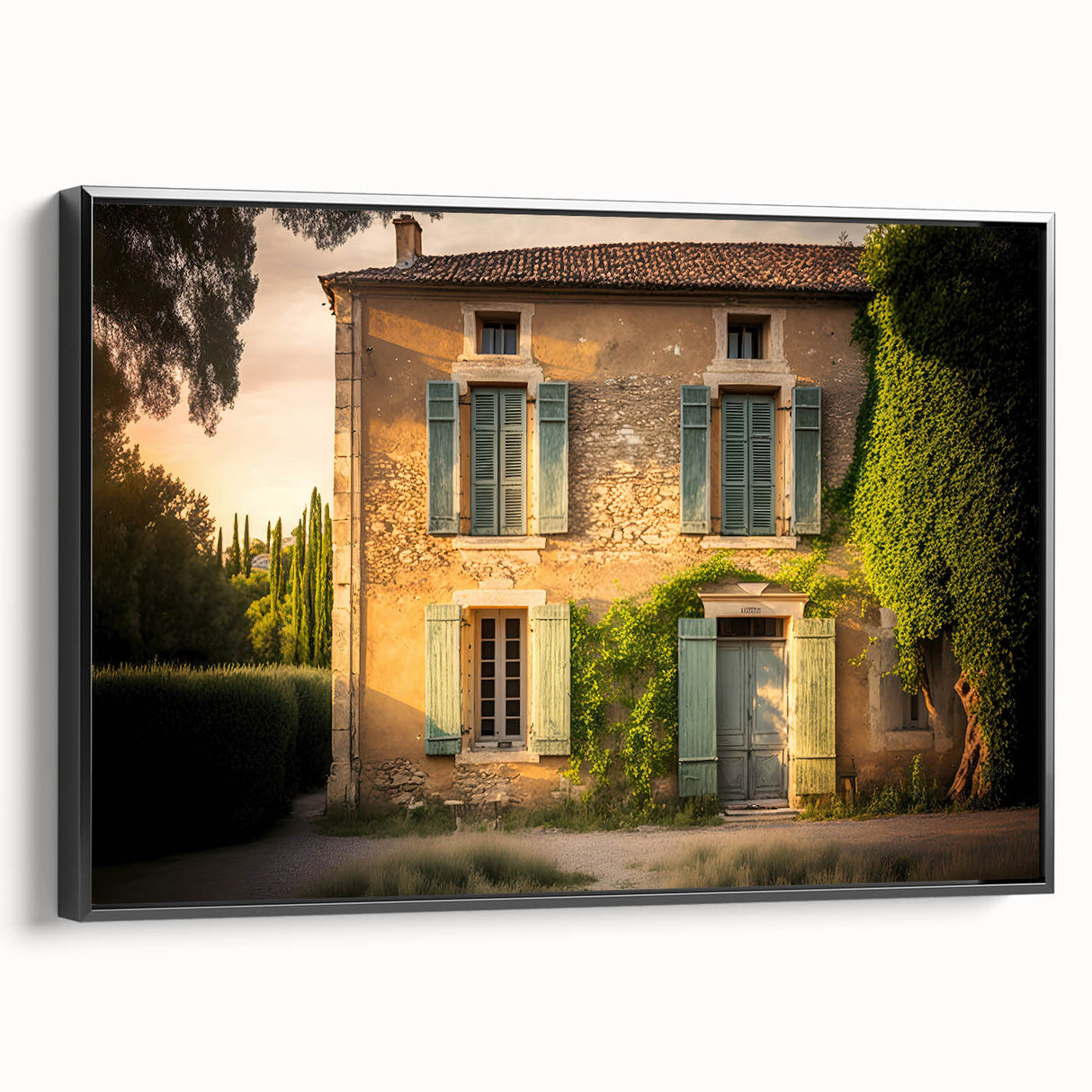 Black and white vintage poster art of a French landscape on framed canvas, suitable for bedroom decor.