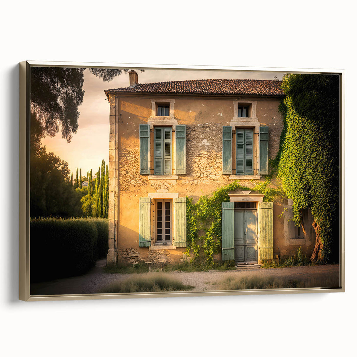 Framed canvas featuring a vintage-style landscape painting of southern France, with muted earth tones.
