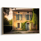 Framed canvas featuring a vintage-style landscape painting of southern France, with muted earth tones.