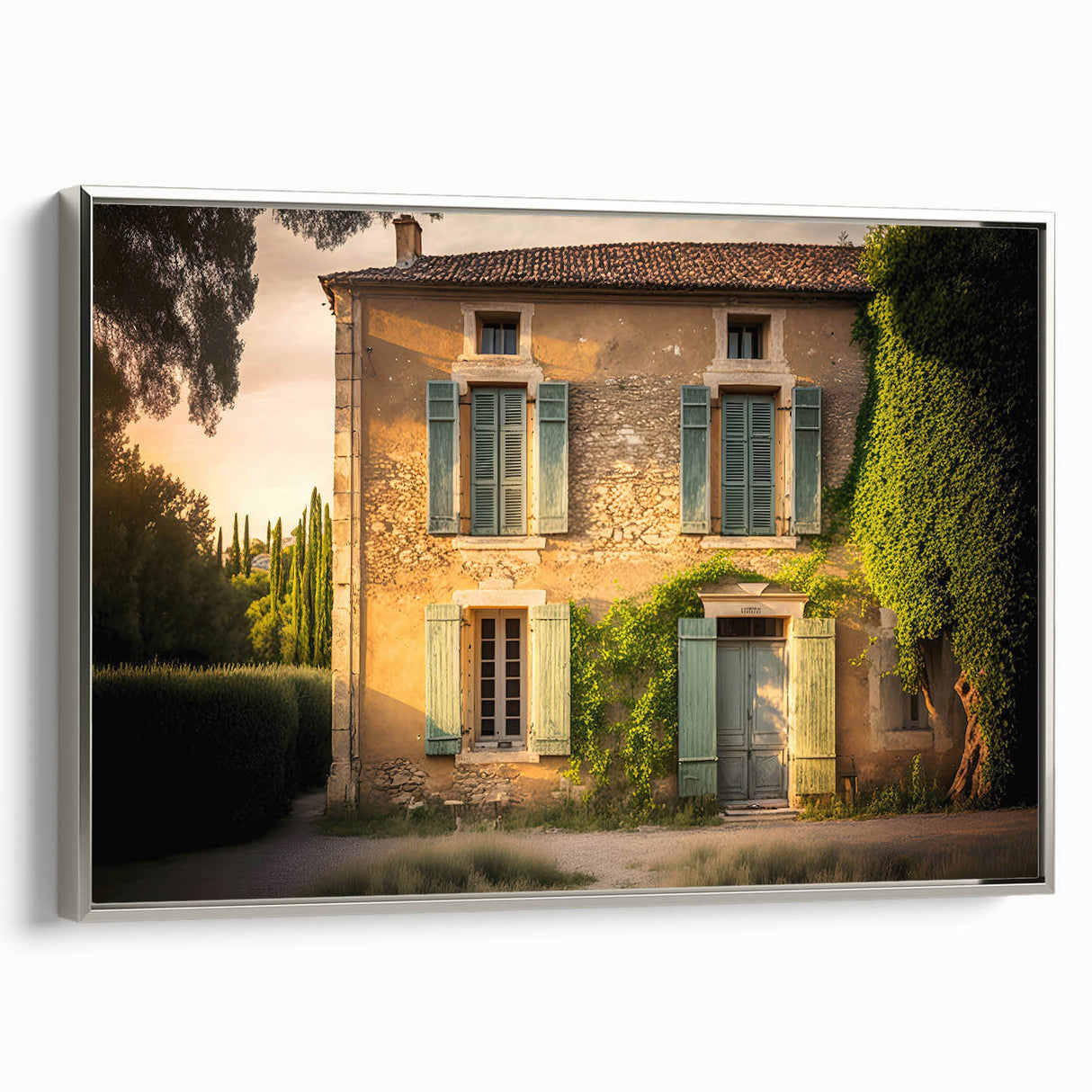 Landscape art painting of a scenic French village with vibrant, colorful details on framed canvas.