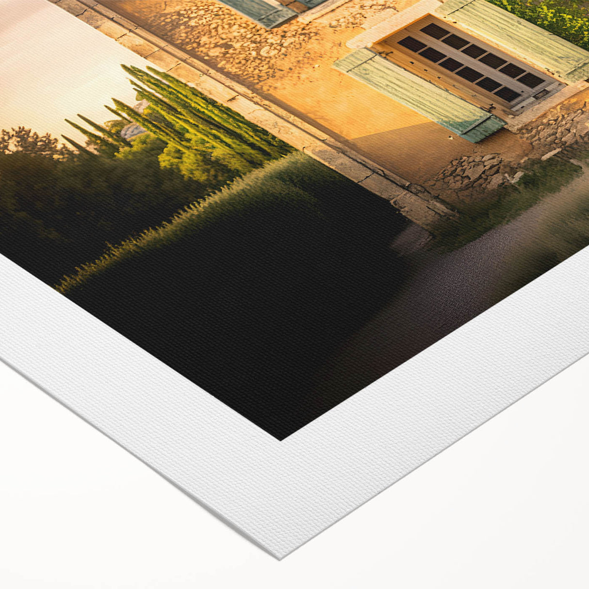Art deco poster of a serene South France landscape in subtle earth tones on rolled canvas, suitable for dining room decor.