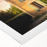 Art deco poster of a serene South France landscape in subtle earth tones on rolled canvas, suitable for dining room decor.
