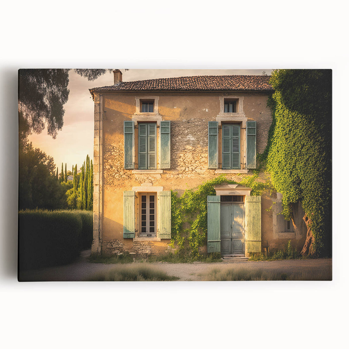 Black and white stretched canvas depicting a serene southern France landscape.
