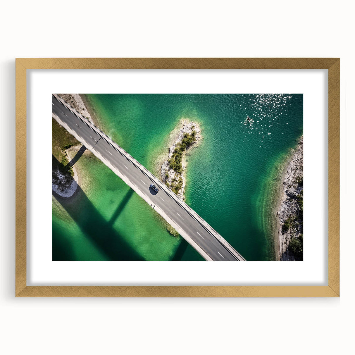 Abstract art print of a Bavarian landscape in muted earth tones on a gold-framed canvas, suitable for dining room decor.