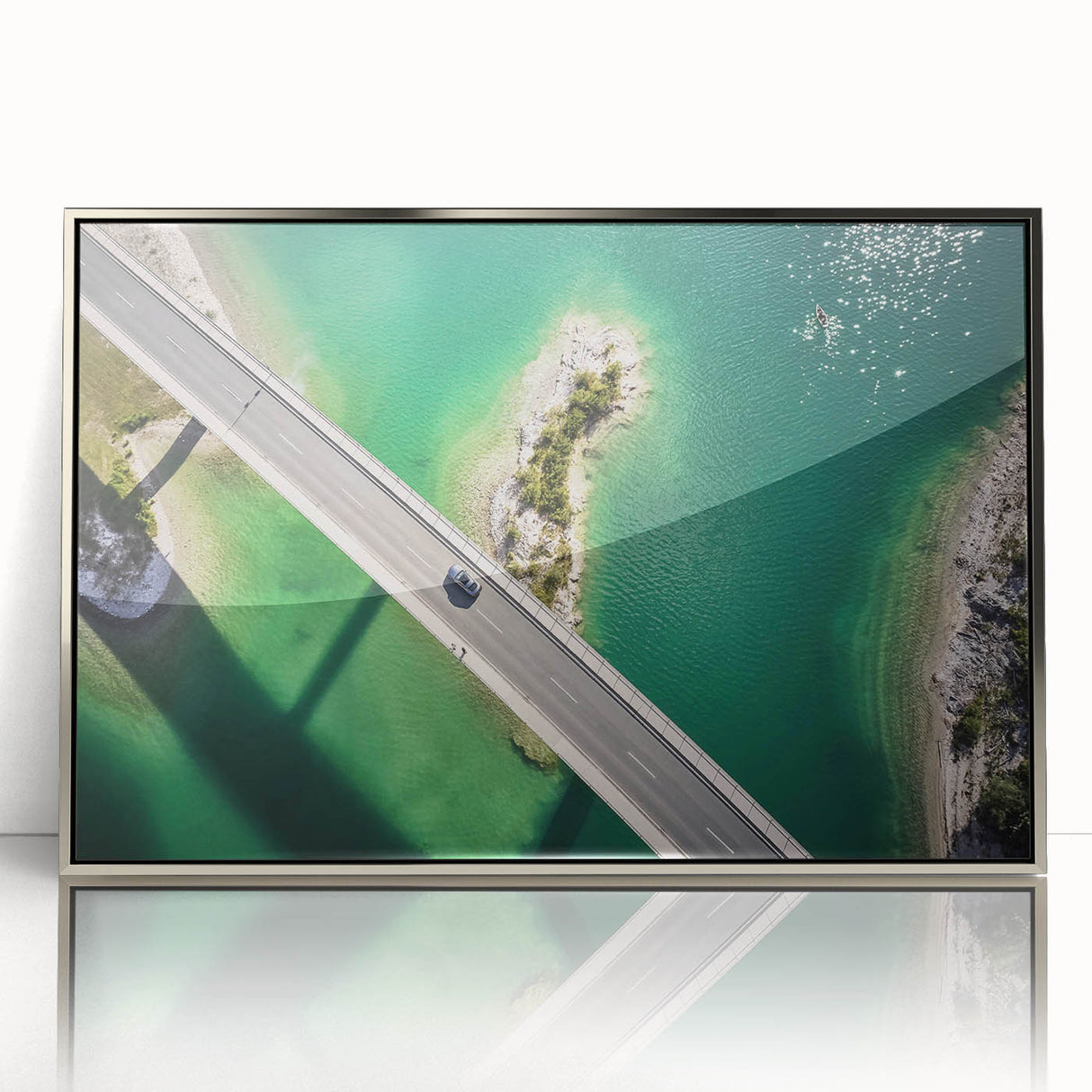 Large art print of a Bavarian landscape in muted earth tones on a silver-framed acrylic, suitable for modern nursery decor.