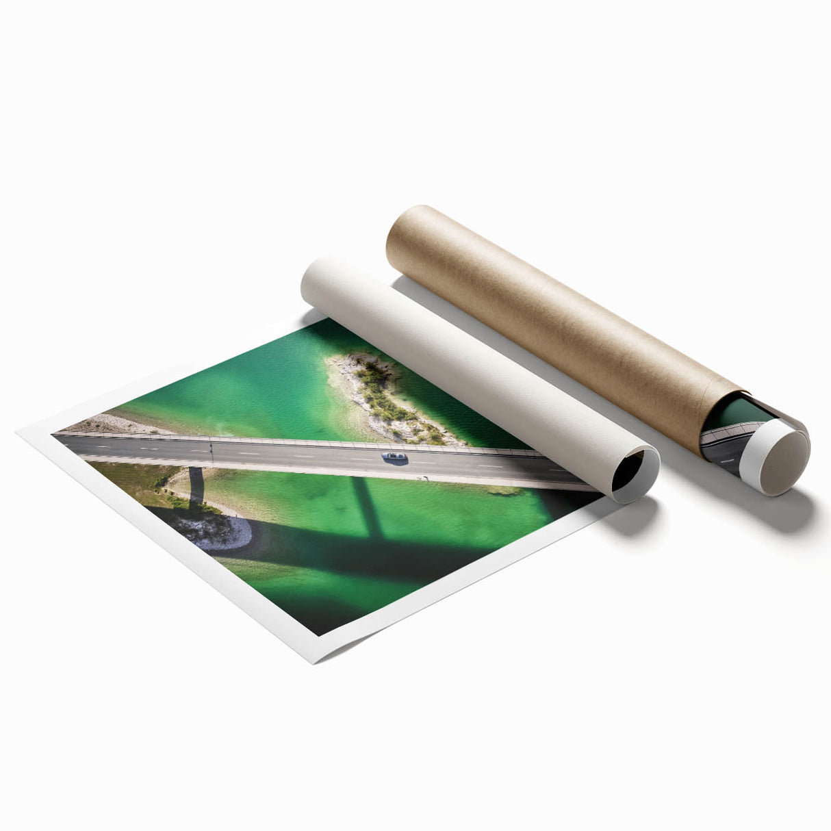 Rolled print of a Bavarian landscape with lush greenery and floral elements, in muted earth tones.