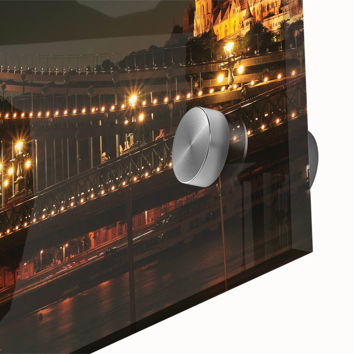 Large abstract wall art featuring a mid-century modernist design of a European scenery in muted colors on acrylic glass.