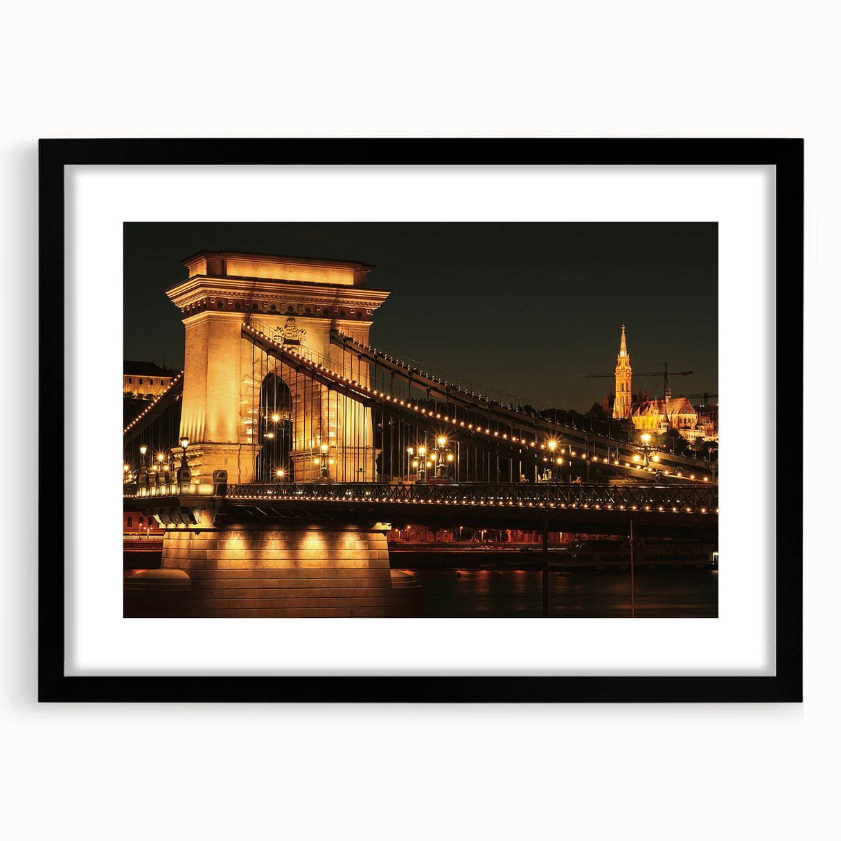 Extra large abstract art print of a colorful European scenery in a black frame, ideal for living room decor.