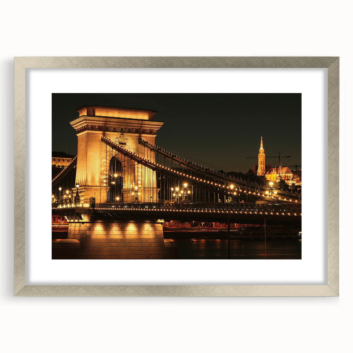Extra large abstract art print of a textured European scenery in muted earth tones, framed in silver.