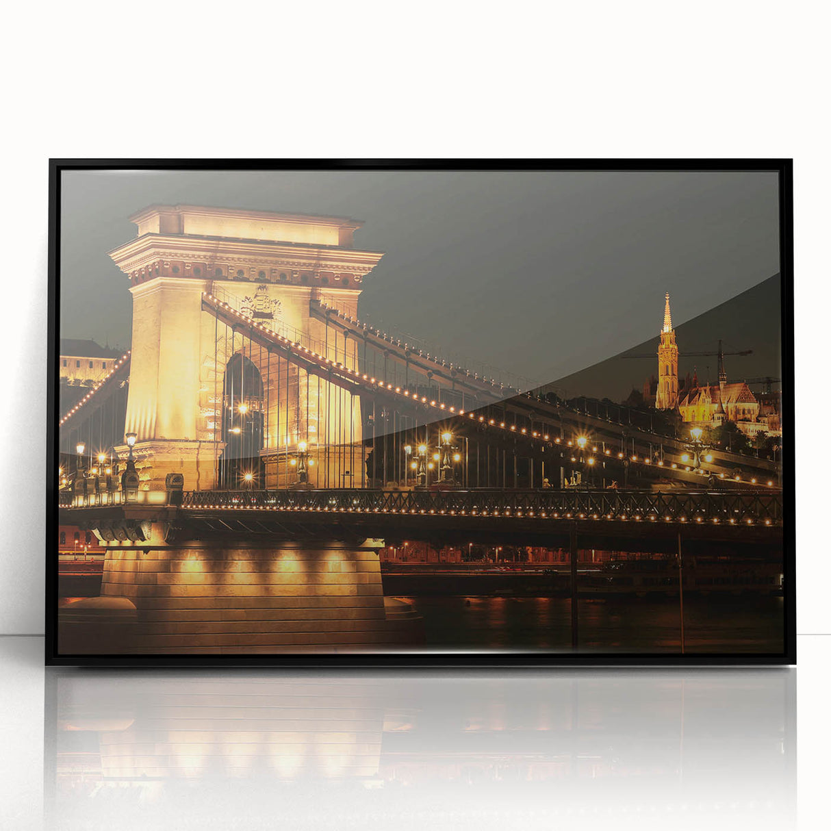 Large abstract wall art of a European scenery in Hungary, rendered in mid-century modernist style on a black framed acrylic.