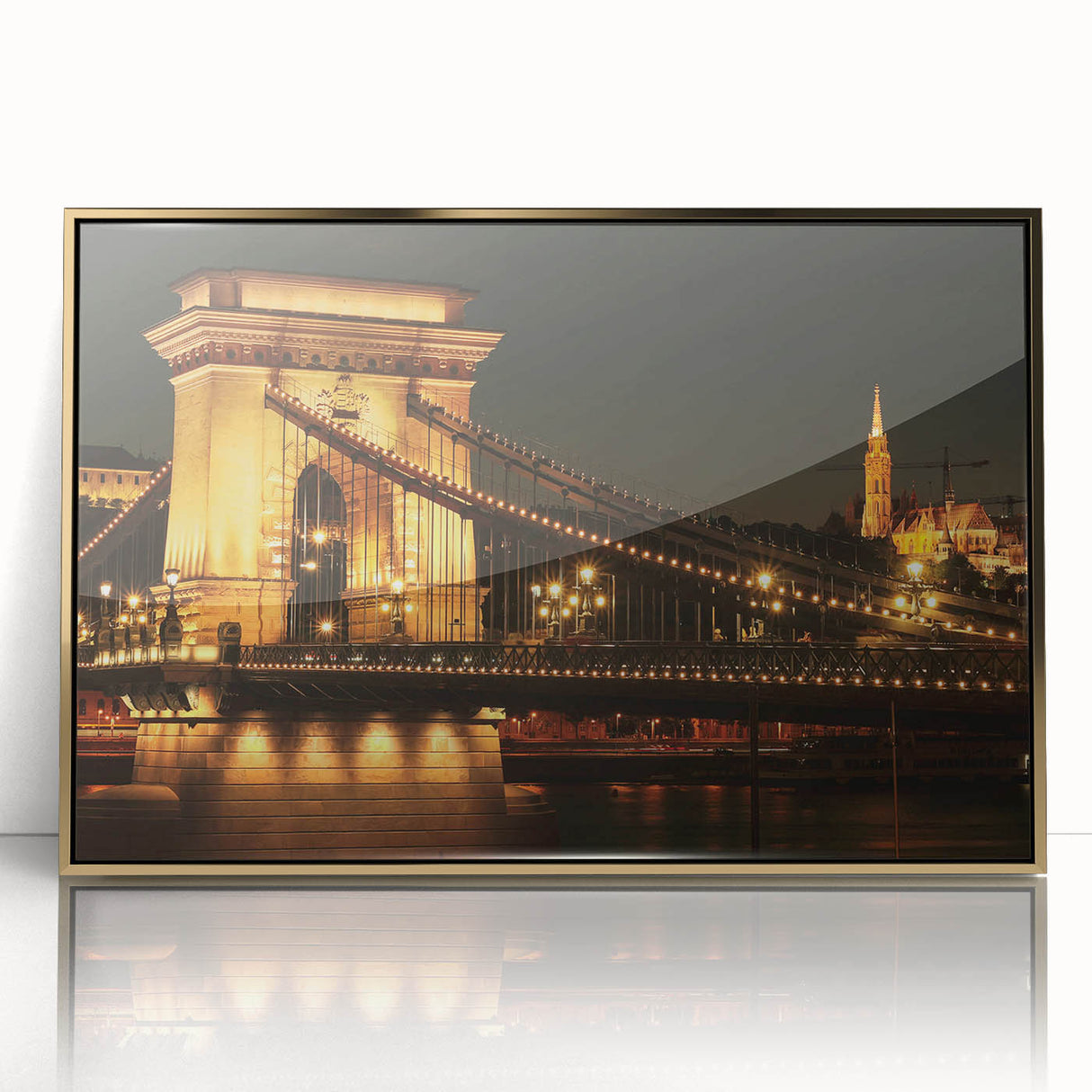 Art deco poster of a European cityscape in muted gold and gray tones, framed acrylic, ideal for modern nursery wall art.