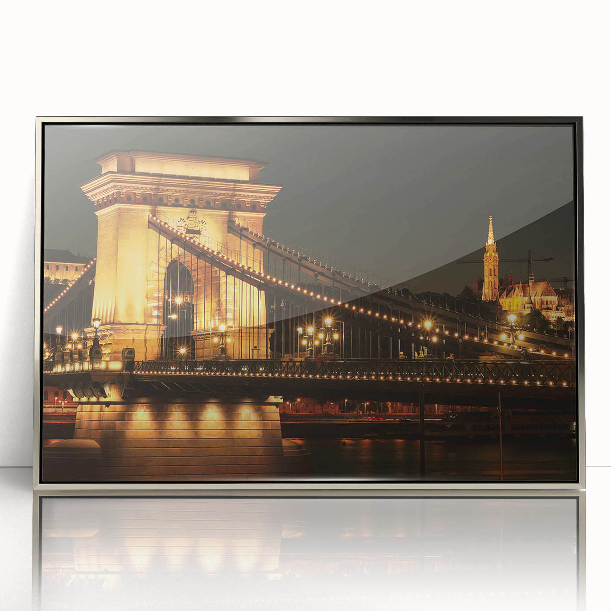 Large art print of a European scenery in Hungary, featuring muted earth tones on a framed acrylic.