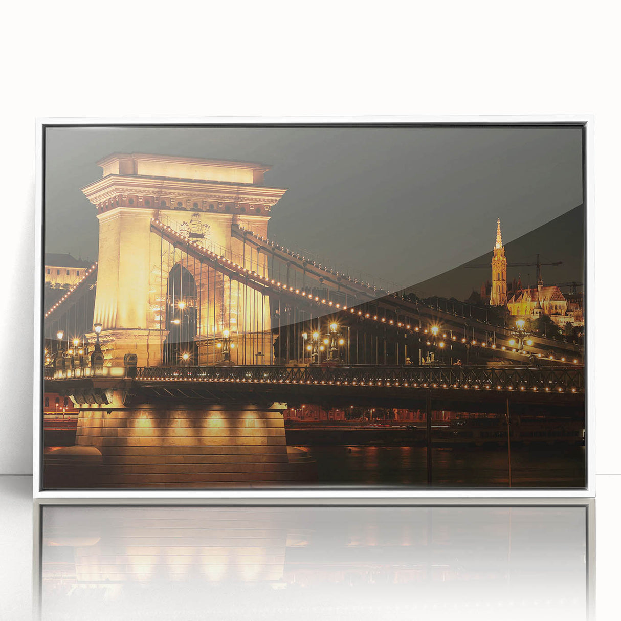 Mid-century modernist art of a European scenery in Hungary, depicted in muted earth tones on a white framed acrylic print.