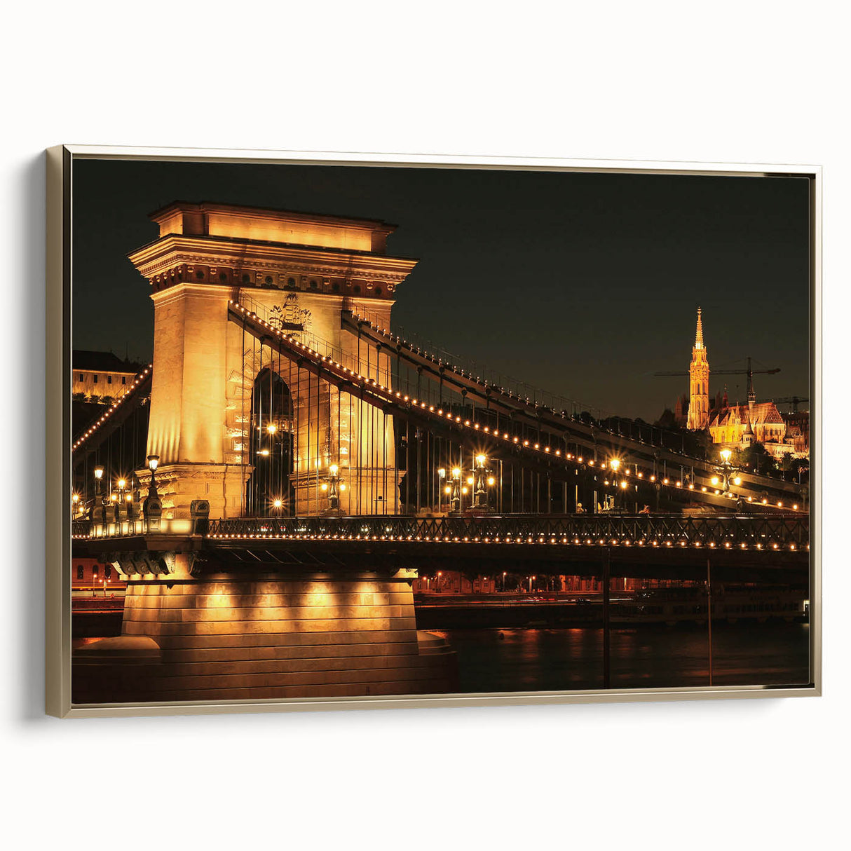 Vintage poster art of a European scenery in Hungary, displayed on a large framed canvas with colorful and black hues.