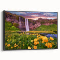 Black and white framed canvas featuring a vintage-style Icelandic landscape, ideal for bedroom wall art.