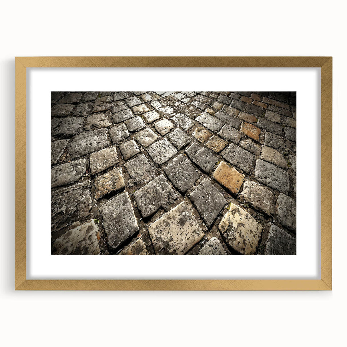 Extra large framed wall art depicting an abstract Rome cityscape in textured hues of gold and cream.