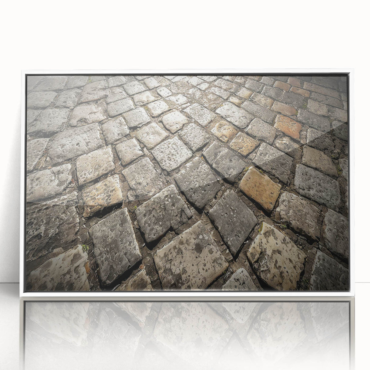 Mid-century modernist art of Rome scenery in muted earth tones on a white framed acrylic, ideal for modern art wall decor.
