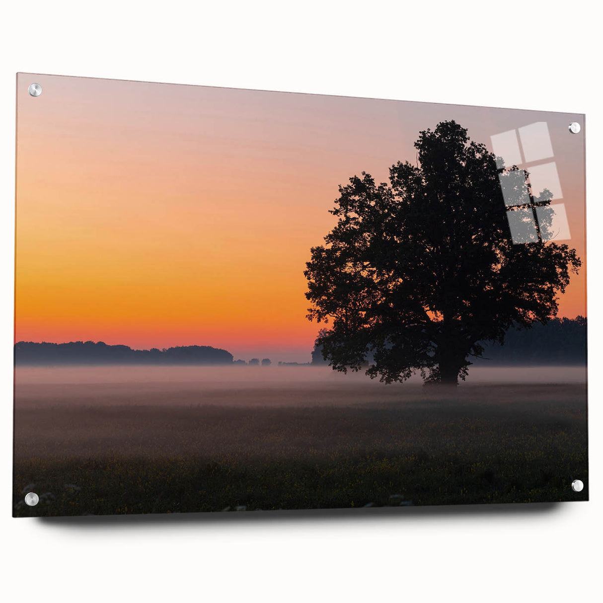 Acrylic print of a European landscape, featuring muted green and blue tones, ideal for dining room decor.