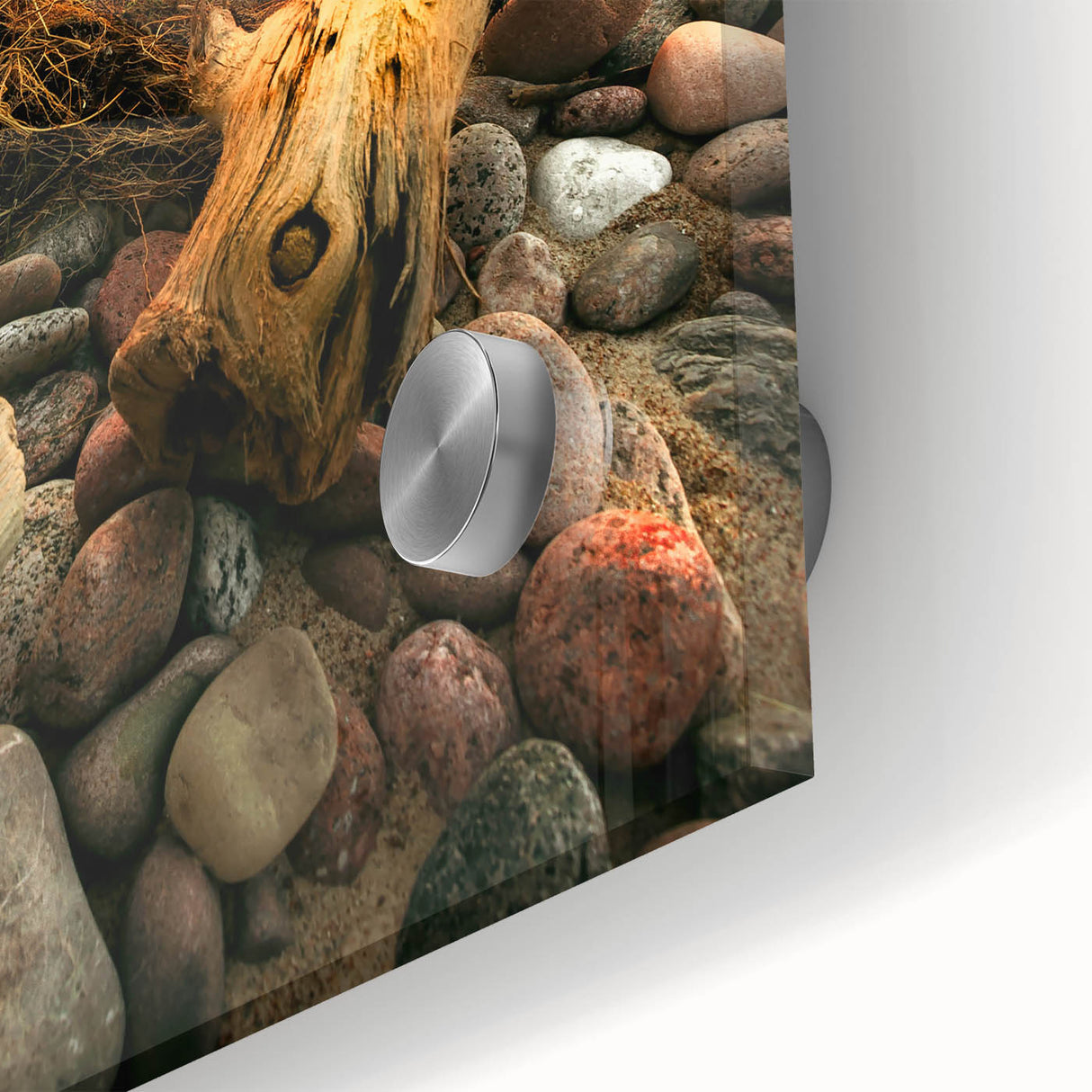 Lithuanian landscape depicted in large abstract mid-century modernist style on acrylic glass, ideal for dining room art.