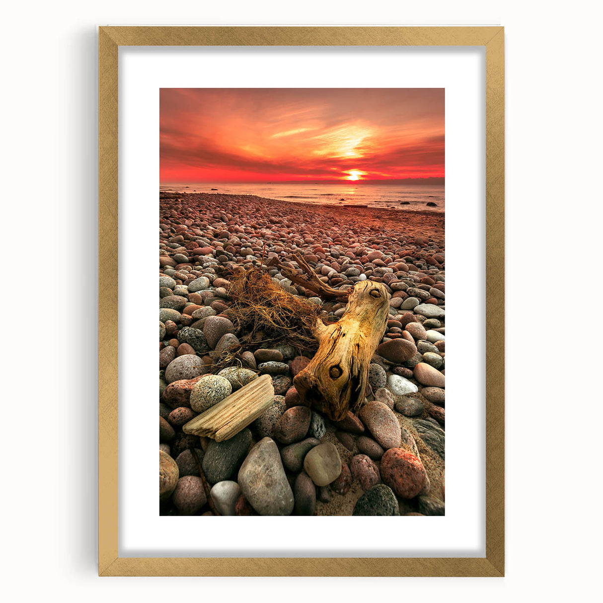Abstract art print of a European landscape in muted earth tones on a framed gold mat, ideal for dining room decor.