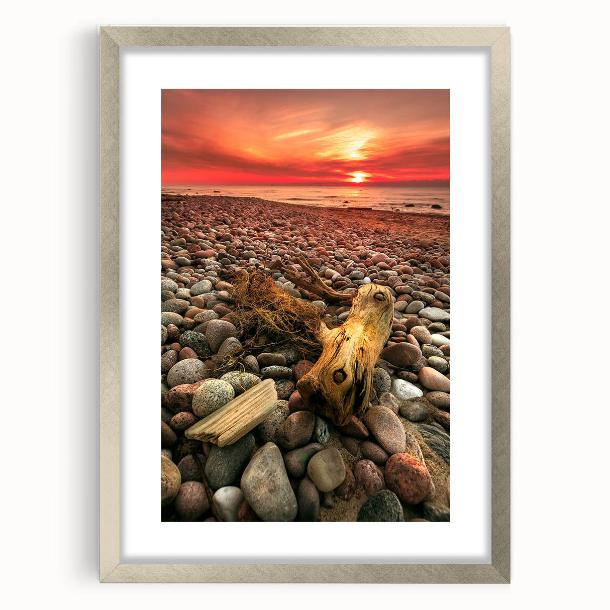 Extra large textured abstract art print featuring abstract shapes in muted earth tones, framed in silver.