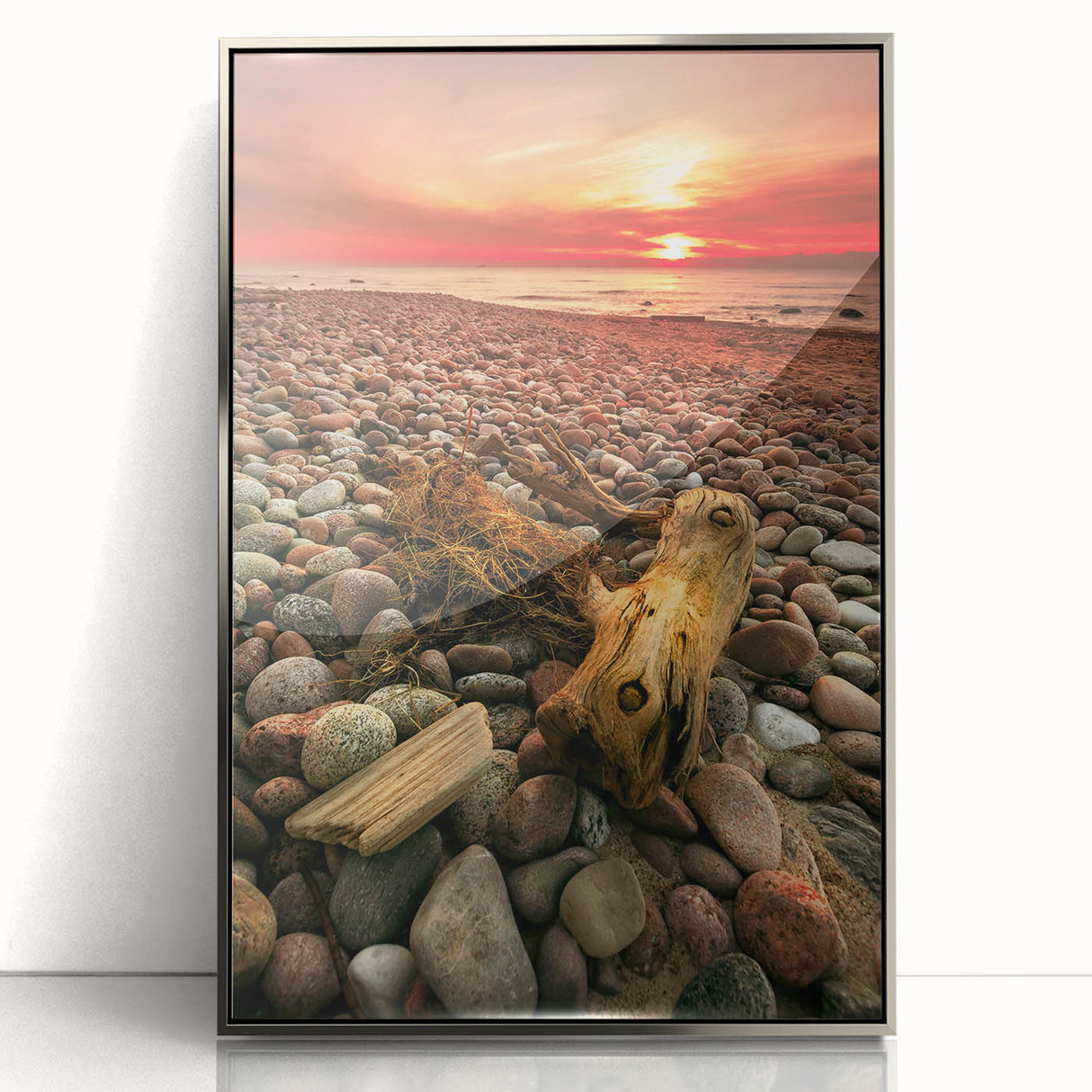 Art deco poster featuring a serene Lithuanian landscape in muted green and blue tones, framed in silver acrylic.