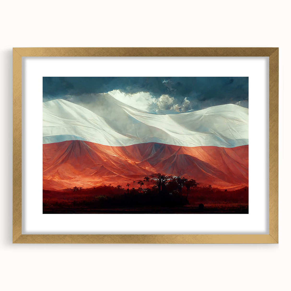 Abstract art print depicting a European cityscape, in muted gold and gray hues, framed with a gold mat.