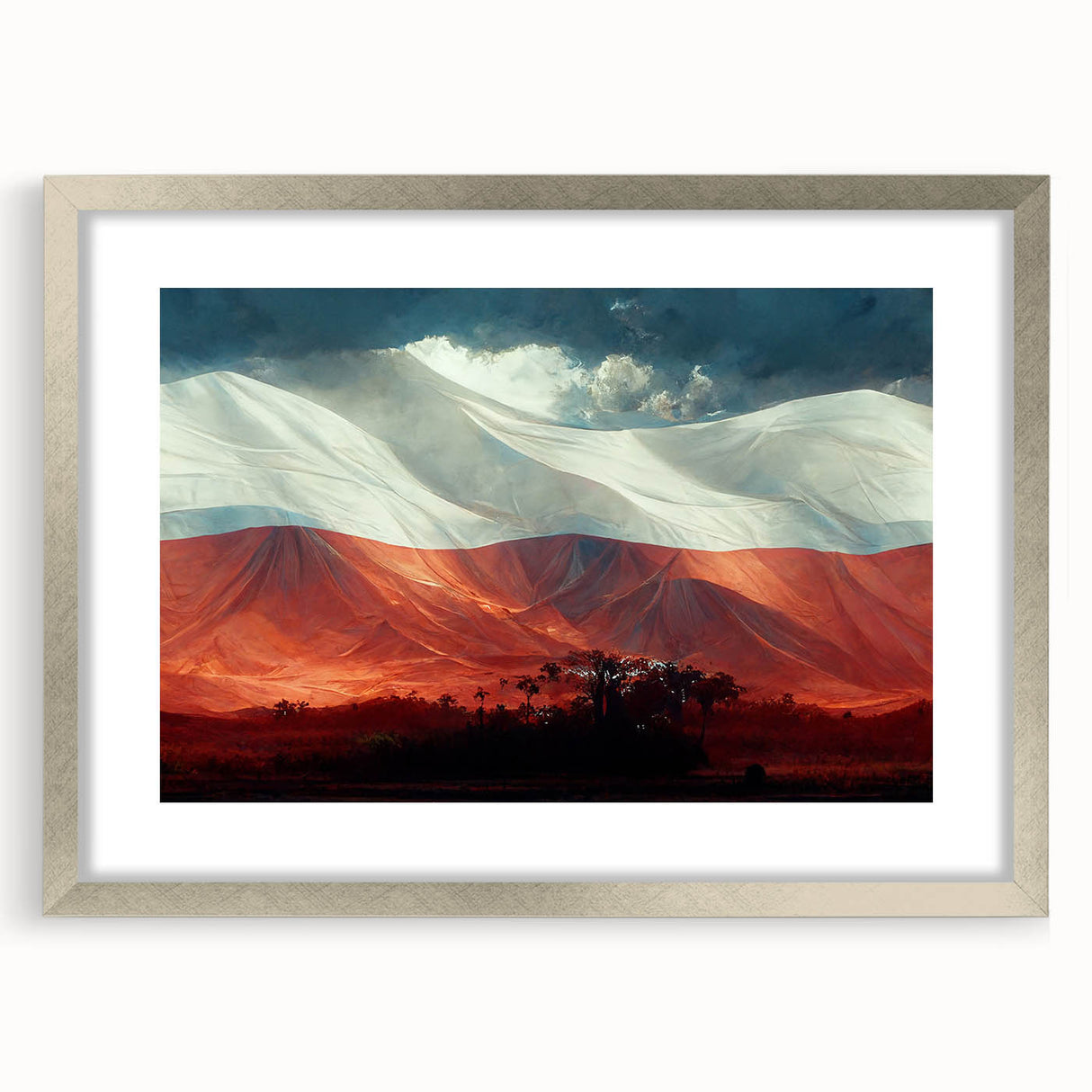 Extra large abstract art print of a European scenery in muted earth tones, framed in silver, ideal for living room decor.