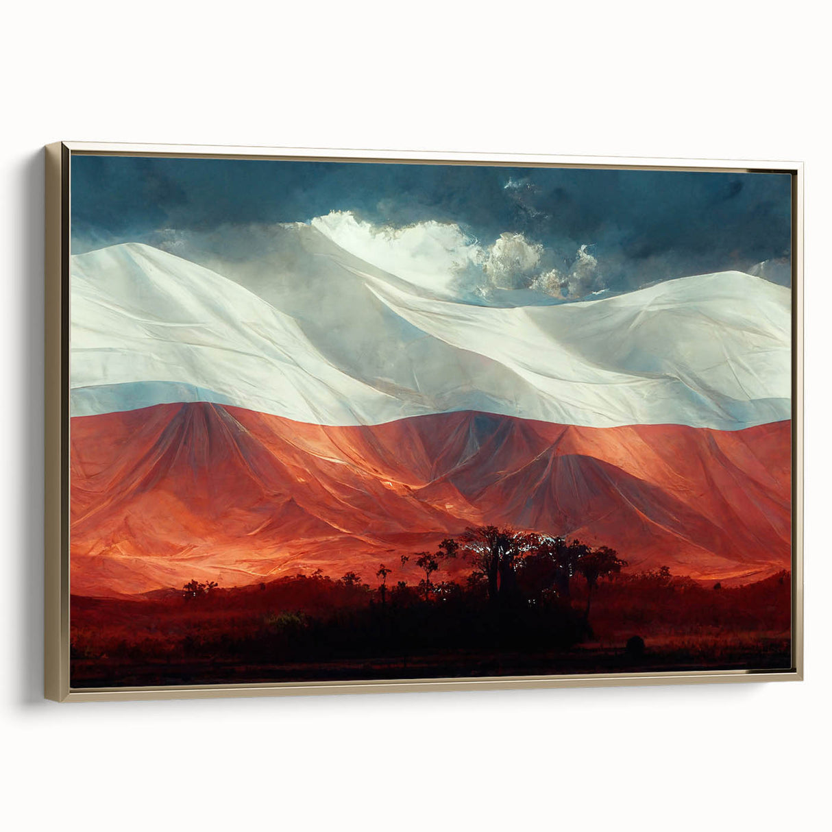 Framed canvas landscape painting depicting a serene Polish countryside in muted earth tones, suitable for bedroom wall art.