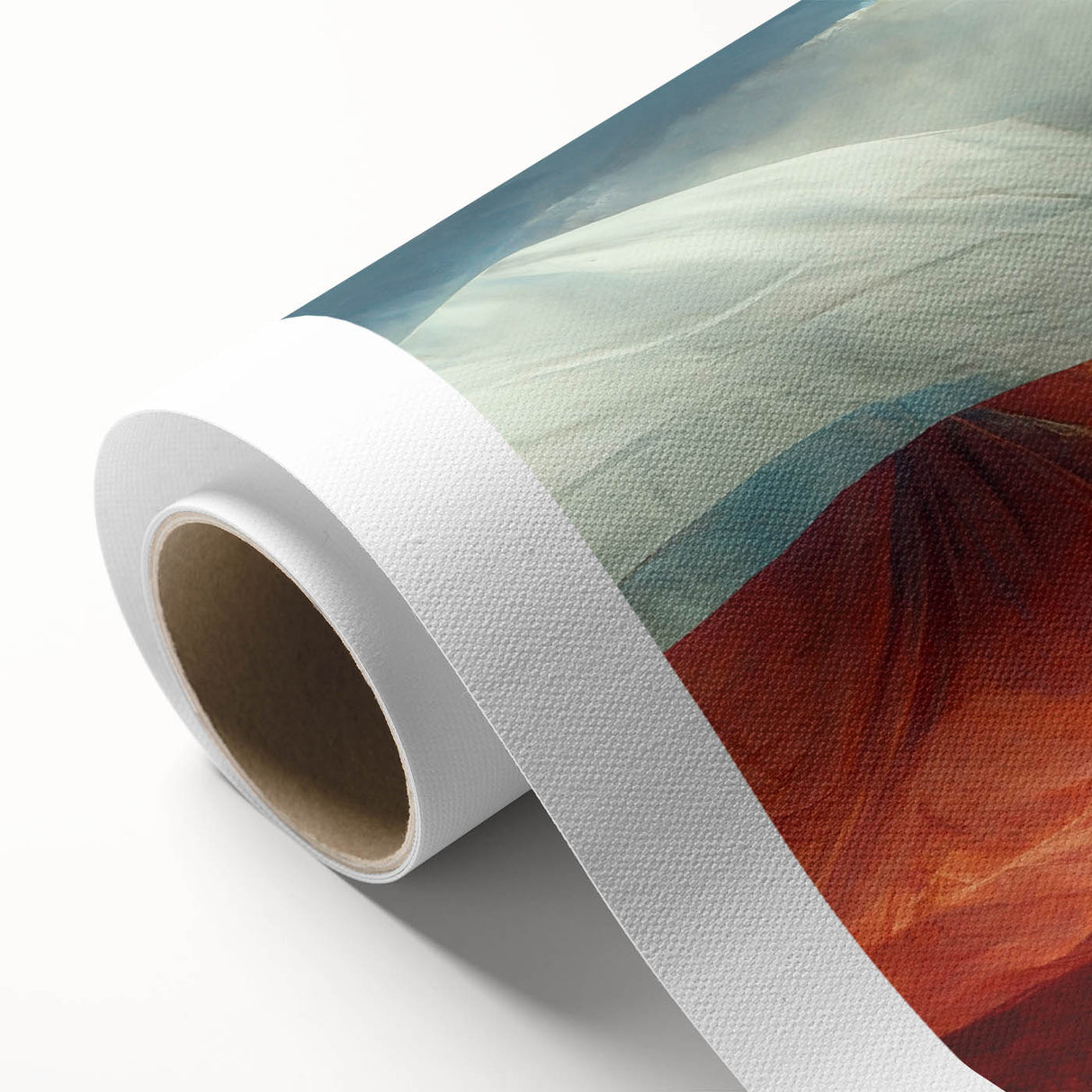 Art deco poster of a European landscape in muted earth tones on rolled canvas, ideal for nursery wall art.
