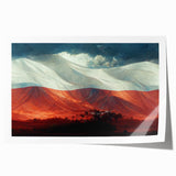 Extra large rolled print of a European Polish landscape in muted green and blue tones, ideal for dining room wall art.