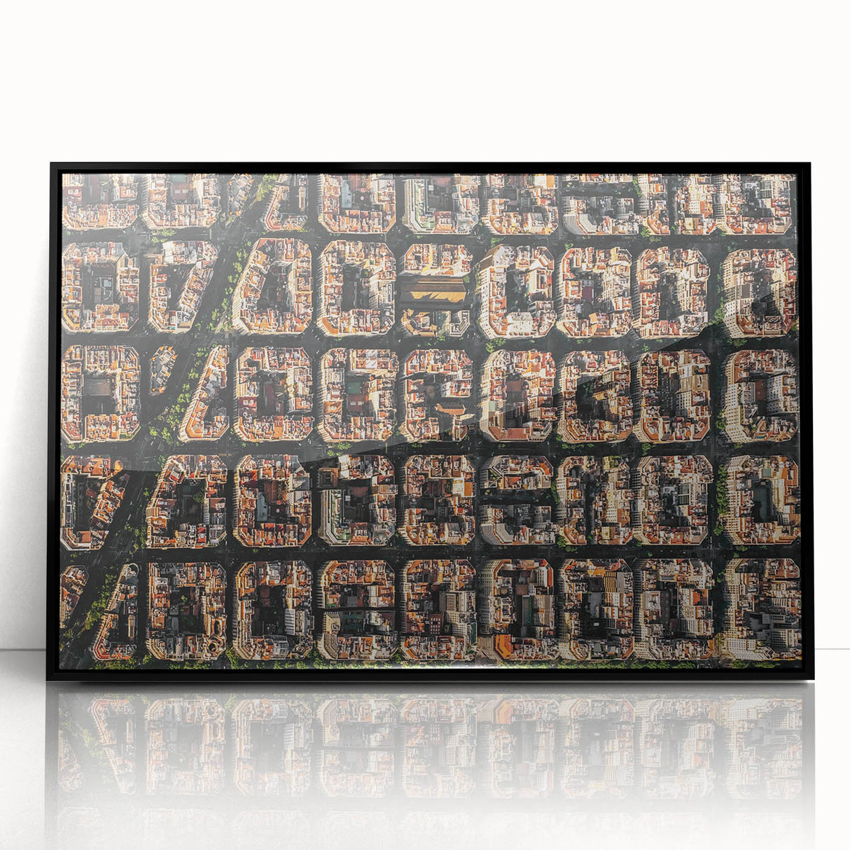 Large abstract wall art depicting Barcelona scenery in black and white tones on framed acrylic.