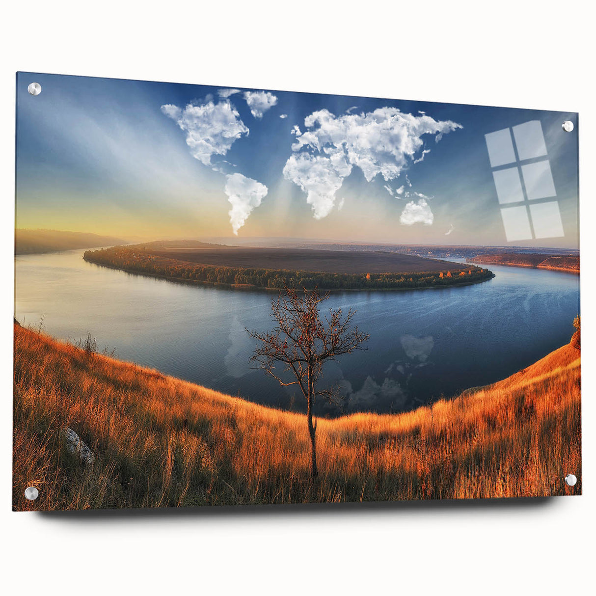 Large abstract wall art depicting a European scenery in muted tones on acrylic glass, ideal for dining room decor.