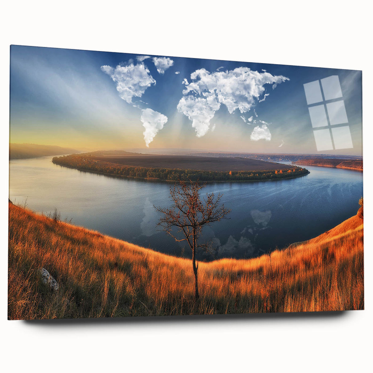 Large abstract wall art depicting a serene Ukrainian landscape in muted earth tones on acrylic glass.