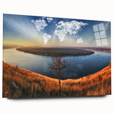 Large abstract wall art depicting a serene Ukrainian landscape in muted earth tones on acrylic glass.