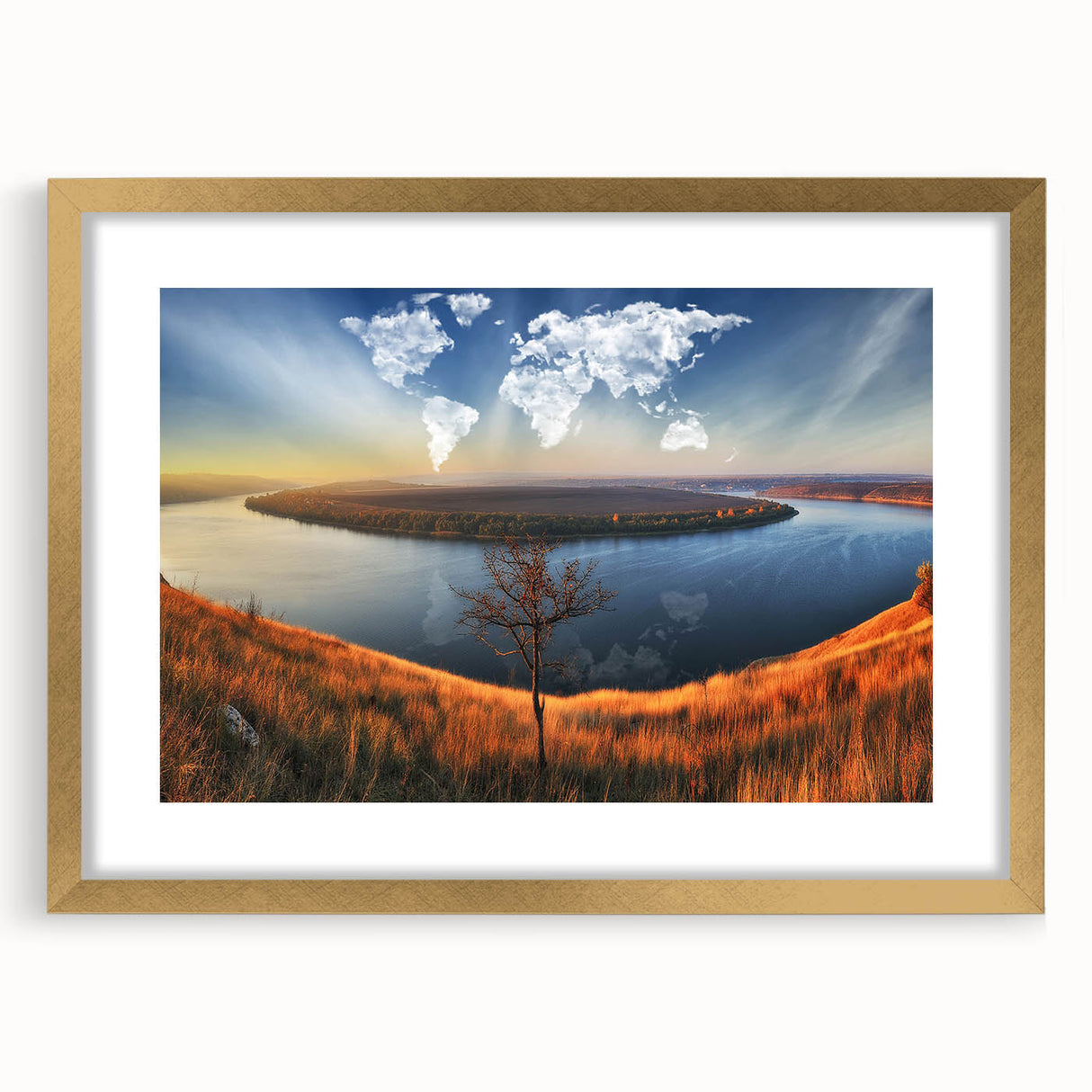 Extra large abstract art print depicting a textured European scenery in muted earth tones, framed in gold.