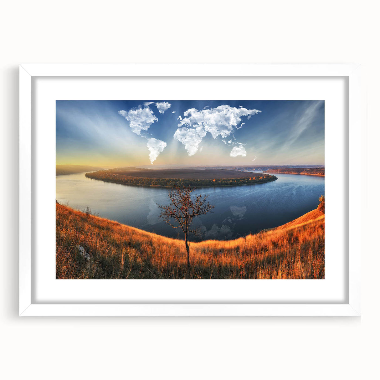 Abstract art print of a European scenery in muted blue and green tones, framed with a white mat, ideal for dining room decor.