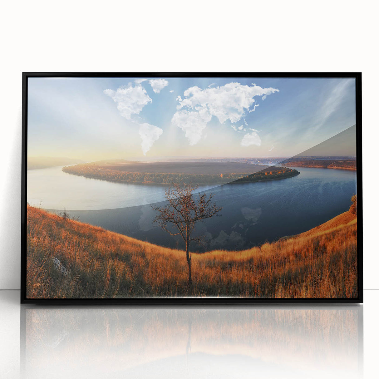 Large abstract wall art depicting a serene Ukrainian landscape in muted earth tones, framed in black acrylic.