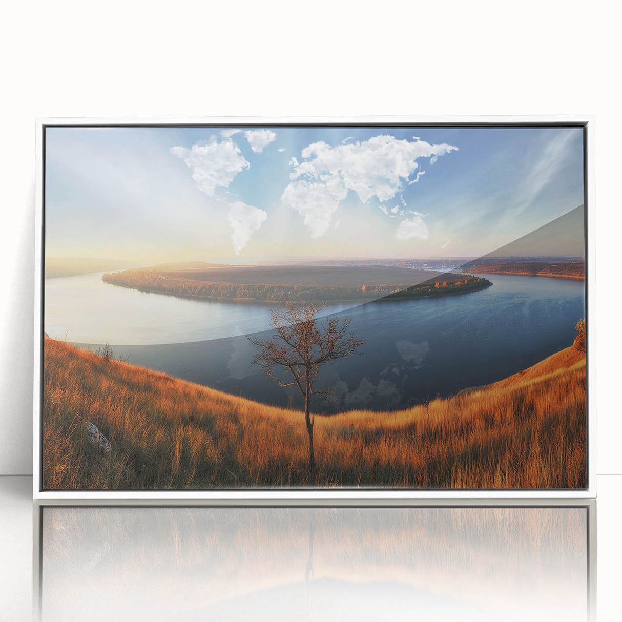 Acrylic print of a European landscape in muted greens and blues, framed in white, suitable for modern art wall decor.
