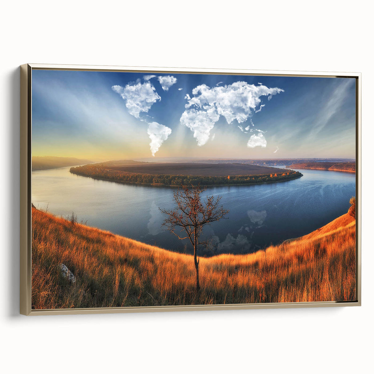 Framed canvas featuring a vintage landscape painting of a Ukrainian scenery in muted gold and black tones.