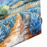 Large abstract wall art depicting a mid-century modernist scene of Oaxaca, Mexico, in muted earth tones on acrylic glass.