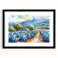 Abstract art print of a vibrant, textured Mexican Oaxaca scenery on a black framed mat, ideal for living room decor.