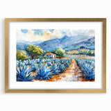 Extra large abstract art print of Oaxaca scenery in textured style, framed in gold, featuring earthy and blue tones.