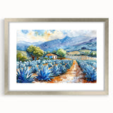 Textured abstract art print depicting Oaxaca scenery in muted earth tones, framed in silver, ideal for bedroom decor.