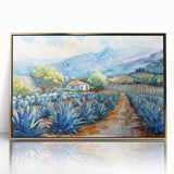 Large art print of Oaxaca, Mexico scenery in mid-century modernist style, framed in gold acrylic.