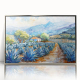 Mid-century modernist art of Oaxaca scenery in muted earth tones on a silver-framed acrylic, ideal for nursery wall art.