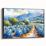 Black and white framed canvas of Oaxaca landscape, ideal for bedroom wall art in vintage poster style.