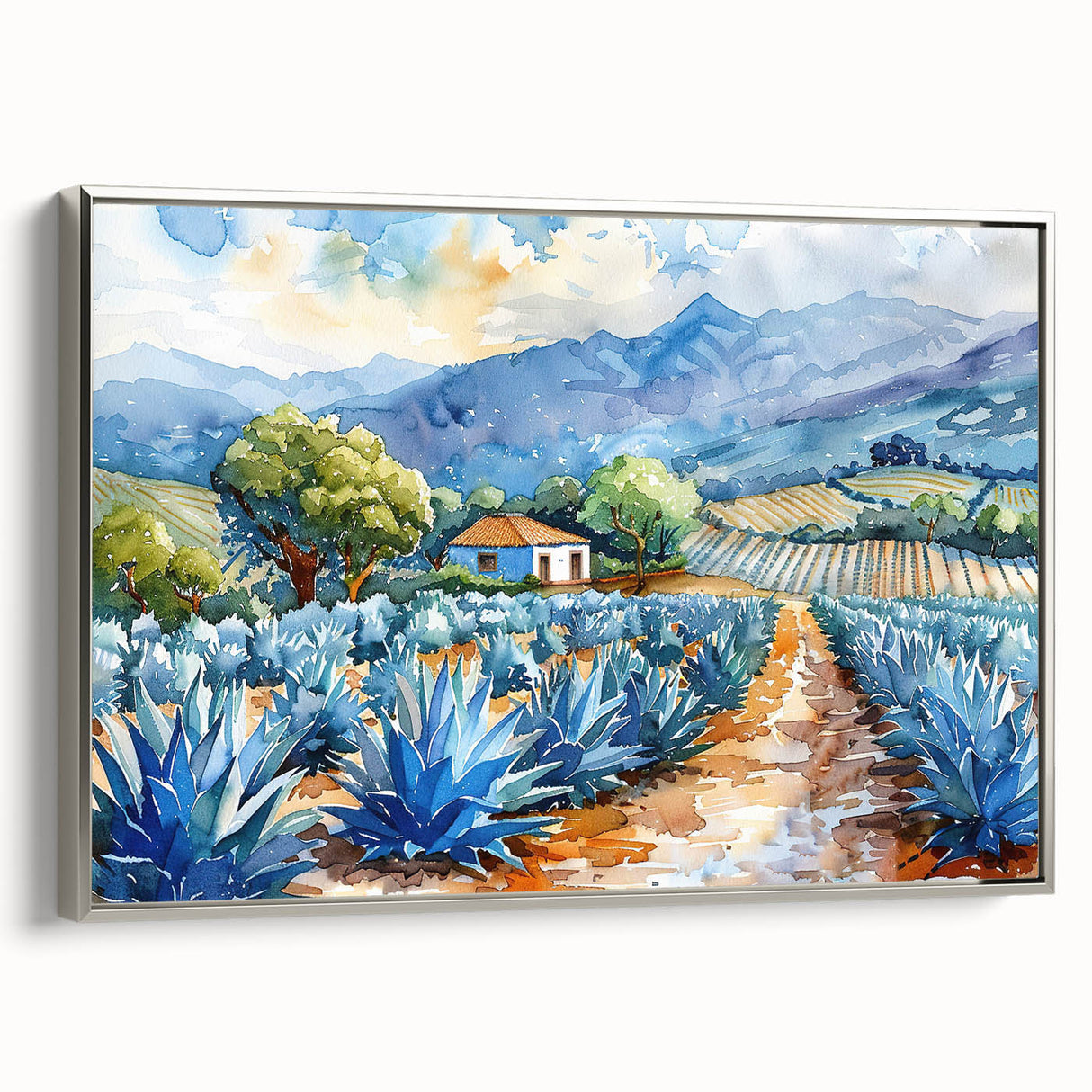Landscape art painting of Oaxaca scenery, featuring vibrant colors on a framed canvas.
